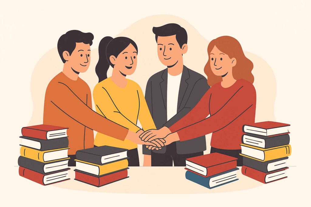 Illustrazione sul mercato editoriale italiano nel 2025, con libri e team di lavoro