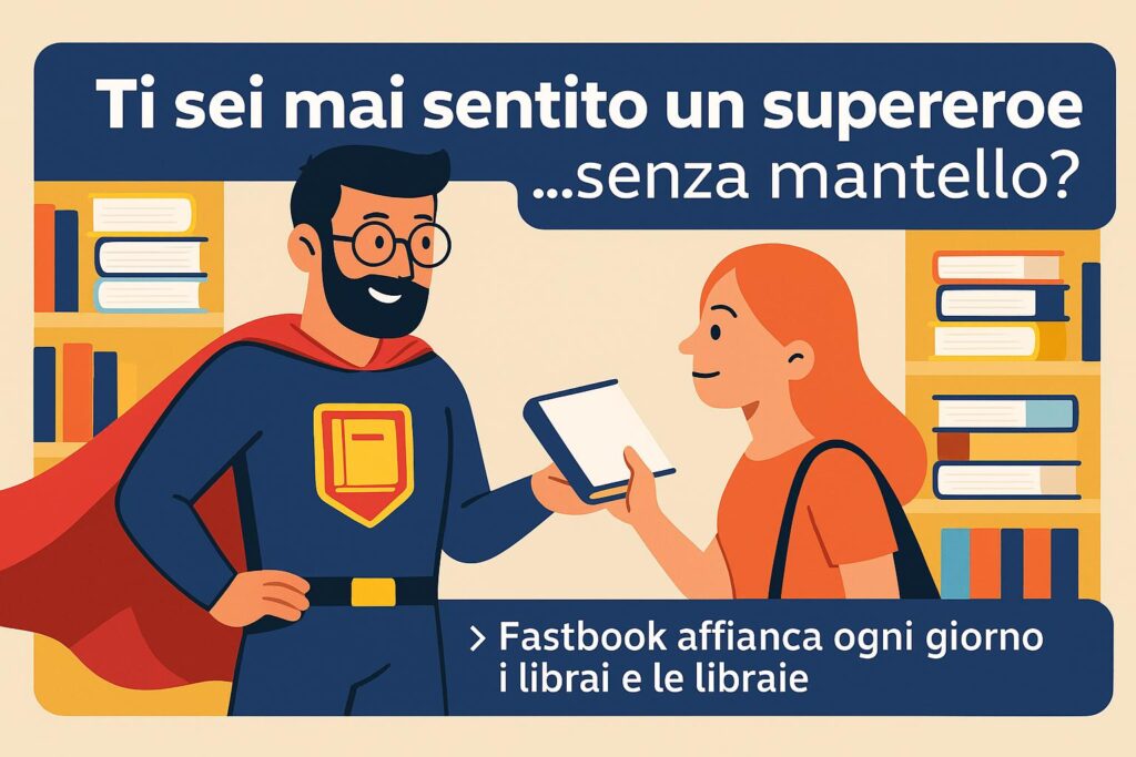 Librario vestito da supereroe sorride a una cliente in libreria, tenendo in mano un libro. Sullo sfondo scaffali pieni e un grande testo: “Ti sei mai sentito un supereroe… senza mantello? Fastbook affianca ogni giorno i librai e le libraie”.