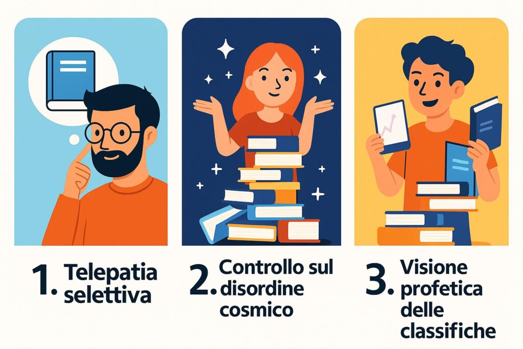 Tre illustrazioni in stile flat mostrano i primi tre superpoteri del libraio: 1. Telepatia selettiva con un uomo che pensa a un libro; 2. Controllo sul disordine cosmico con una libraia circondata da pile ordinate di volumi; 3. Visione profetica delle classifiche con un ragazzo che tiene un grafico e dei libri in mano.