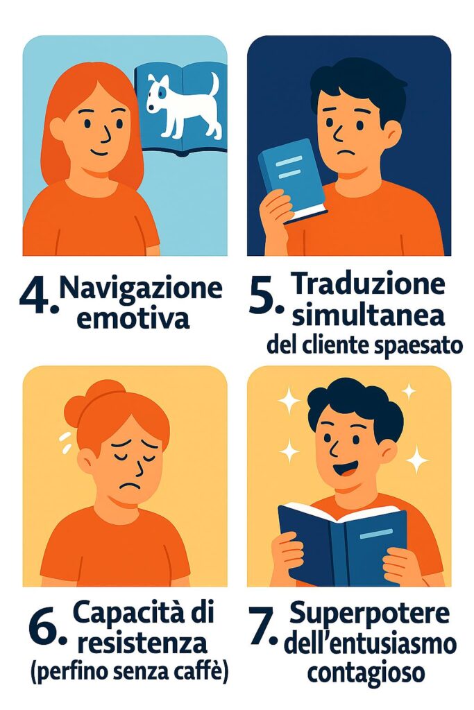 Quattro illustrazioni in stile flat rappresentano i superpoteri del libraio: 4. Navigazione emotiva con una libraia che consiglia in base all’umore; 5. Traduzione simultanea del cliente spaesato con un libraio che interpreta indizi vaghi; 6. Capacità di resistenza con una donna affaticata ma sorridente tra scaffali; 7. Entusiasmo contagioso con una libraia che racconta un libro con passione.