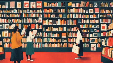 Persone che girano in libreria, alcune con un libro in mano intente a sfogliarlo (illustrazione)