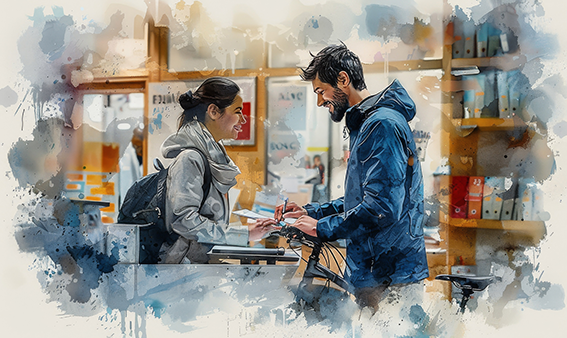 ragazza e ragazzo che interagiscono sorridenti all'interno di una libreria (illustrazione)