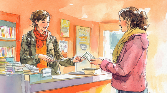 Cliente alla cassa di una libreria che porge alla libraia che le sorride i soldi per pagare un libro acquistato (illustrazione)