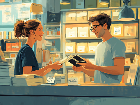 Libraio che interagisce con una cliente da dietro il bancone. Entrambi si sorridono con simpatia (illustrazione)