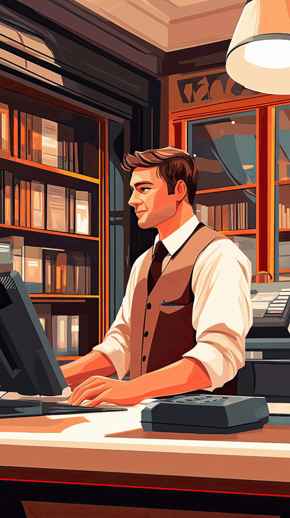 Libraio che controlla su un computer la presenza di un titolo probabilmente richiesto da qualche cliente (illustrazione)