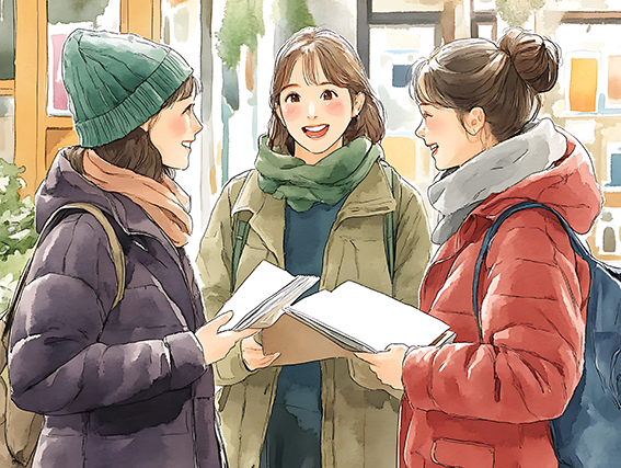 tre ragazze all'interno di una libreria che commentano tra loro i libri aperti che hanno in mano (illustrazione)