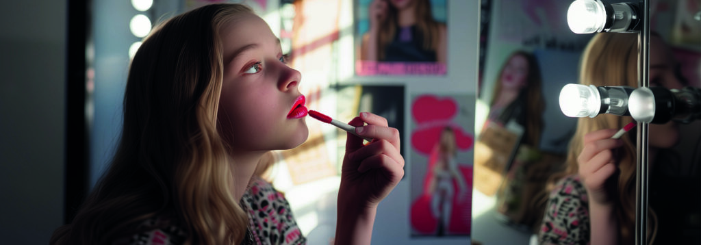 Una ragazzina alle sue prime prove con i trucchi, si mette sulle labbra un rossetto