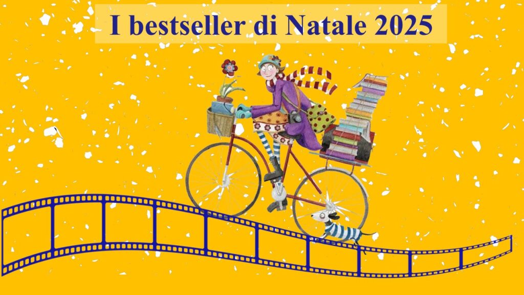 Ragazza in bici con sporta carica di libri. Illustrazione. Testo: I bestseller di Natale 2025
