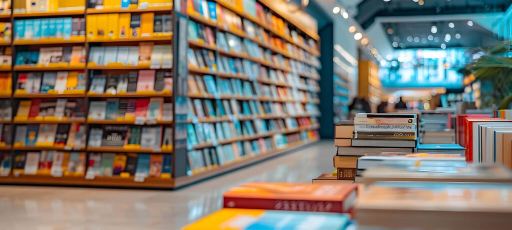 Immagine evocativa di scuola librai: Libreria con layout di libri tutti di faccia e in primo piano sulla destra tavolo con libri sempre di faccia