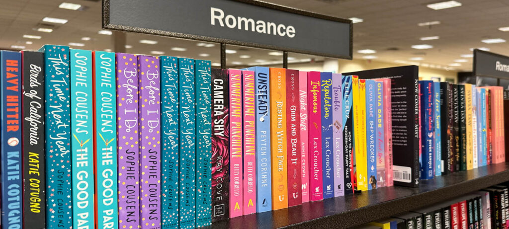 Immagine evocativa per scuola librai. Fila di libri genere Romance colorati