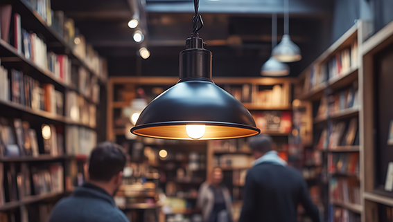 Il valore delle librerie: libreria con atmosfera accogliente evidenziata da un lampadario in primo piano che soffonde una luce calda