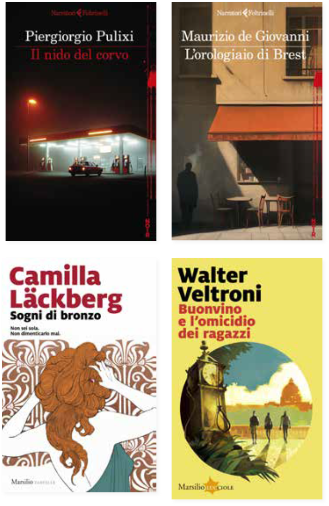 Le copertine dei seguenti libri consigliati da Vertigine: Il nido del corvo di Piergiorgio Pulixi, L'orologiaio di Brest di Maurizio De Giovanni, Sogni di bronzo di Camilla Lackberg e Buonvino e lìomicidio dei ragazzi di Walter Veltroni
