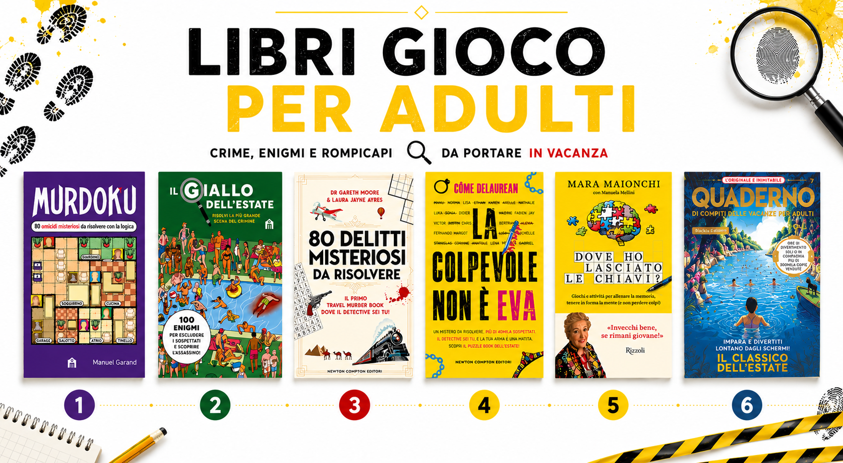 Copertine dei seguenti titoli di libri gioco per adulti: Murdoku, Il giallo dell'estate. Risolvi la più grande scena del crimine, 80 delitti misteriosi da risolvere, La colpevole non è Eva, Dove ho lasciato le chiavi?, Quaderno di compiti delle vacanze per adulti. L'originale. Vol. 7