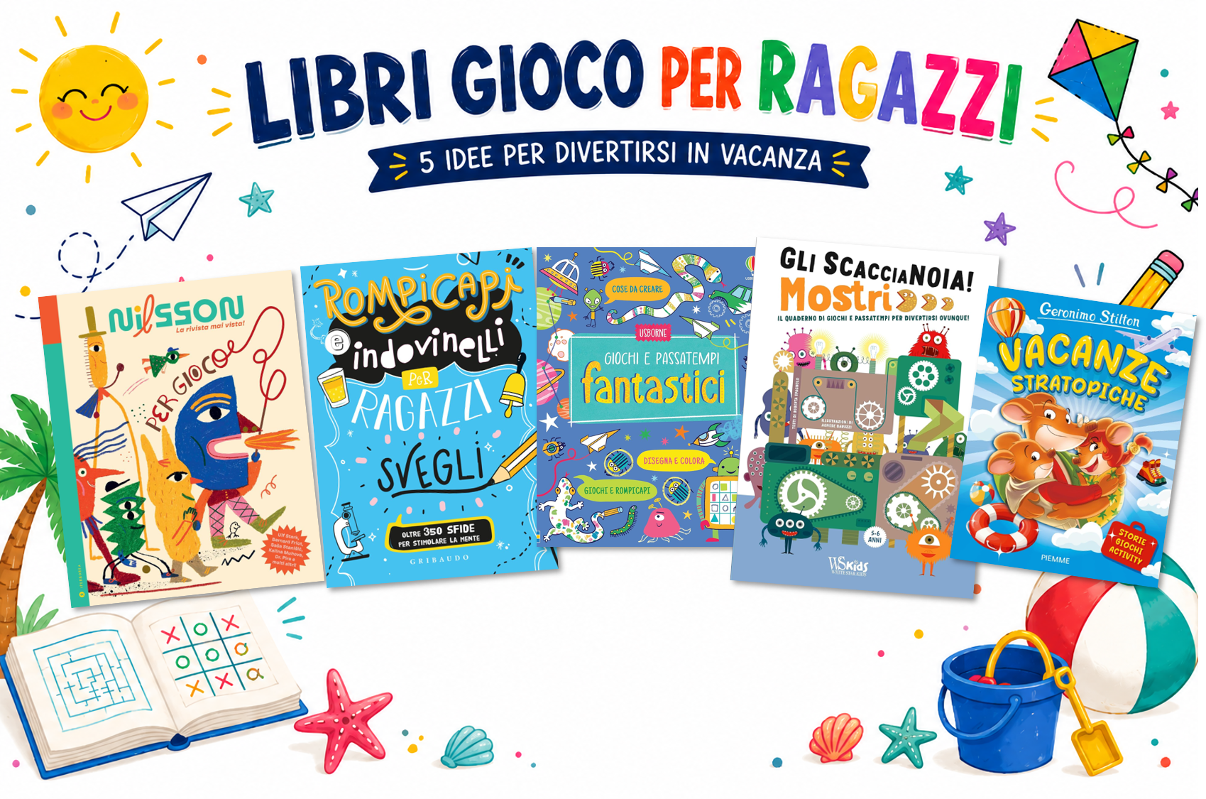 Libri gioco per ragazzi. Uno sfondo estivo con cinque copertine di libri gioco per ragazzi e bambini